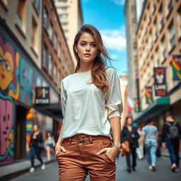 A confident young woman standing in a vibrant urban setting