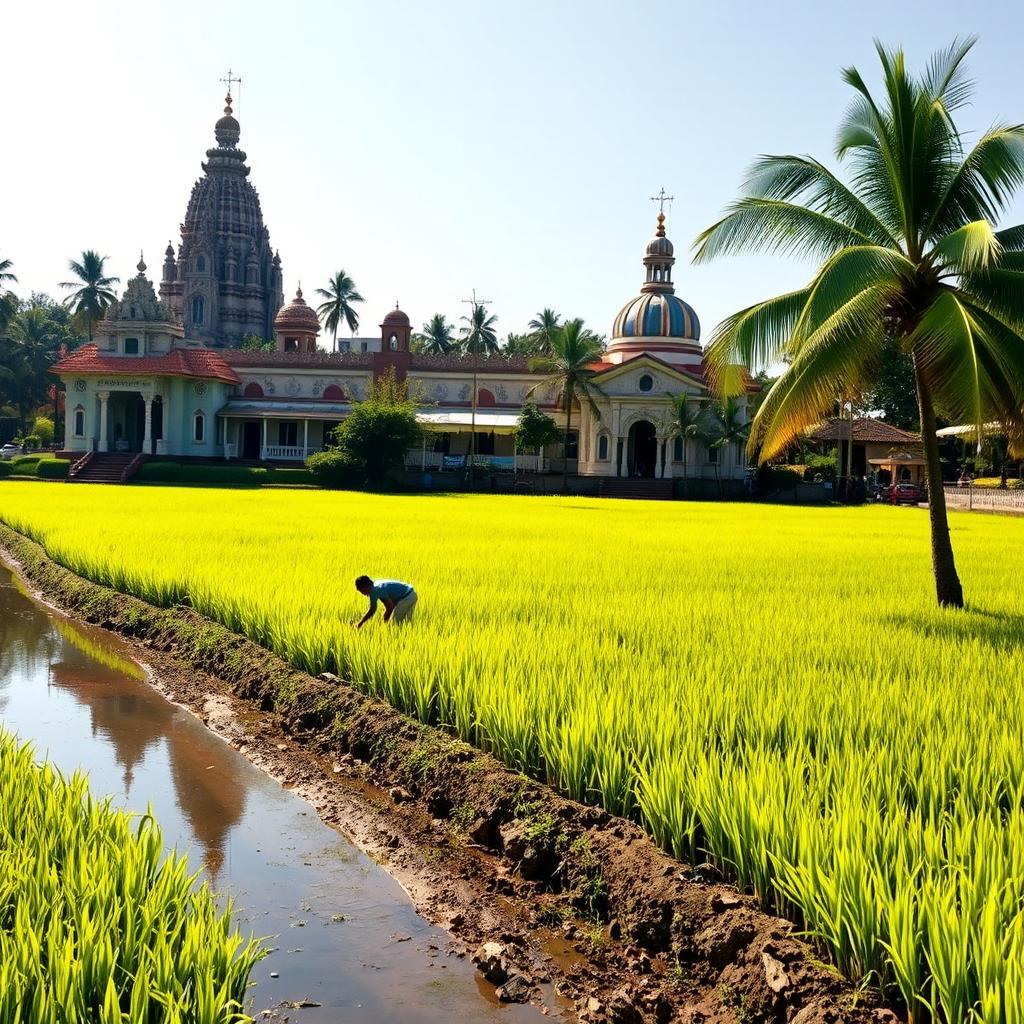 A serene paddy field in Kerala, bordered by a lush coconut tree along the bank of a gentle channel