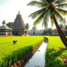 A serene paddy field in Kerala, bordered by a lush coconut tree along the bank of a gentle channel