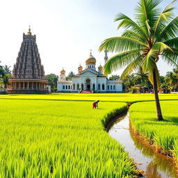 A serene paddy field in Kerala, bordered by a lush coconut tree along the bank of a gentle channel