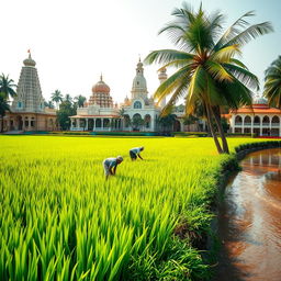 A serene paddy field in Kerala, bordered by a lush coconut tree along the bank of a gentle channel