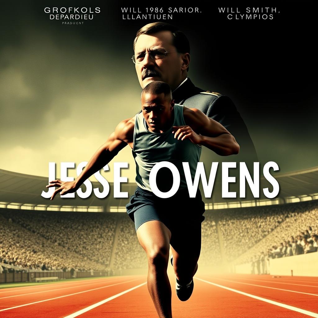 A powerful movie poster for "Jesse Owens" produced by Gaumont, featuring Gerard Depardieu as Adolf Hitler and Will Smith as Jesse Owens