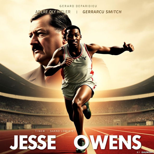 A powerful movie poster for "Jesse Owens" produced by Gaumont, featuring Gerard Depardieu as Adolf Hitler and Will Smith as Jesse Owens