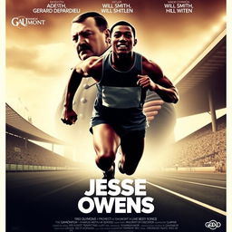 A powerful movie poster for "Jesse Owens" produced by Gaumont, featuring Gerard Depardieu as Adolf Hitler and Will Smith as Jesse Owens