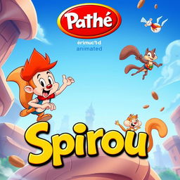 A vibrant and playful cartoon poster for a "Spirou" animated film produced by Pathé