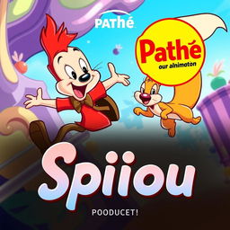 A vibrant and playful cartoon poster for a "Spirou" animated film produced by Pathé