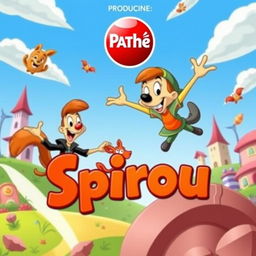 A vibrant and playful cartoon poster for a "Spirou" animated film produced by Pathé