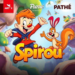 A vibrant and playful cartoon poster for a "Spirou" animated film produced by Pathé