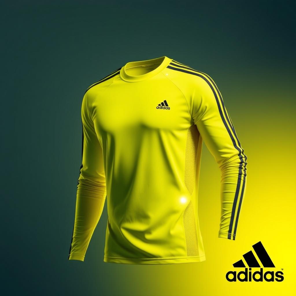 A long-sleeve athletic shirt designed by Adidas, featuring a vibrant and dynamic design in a bold yellow color