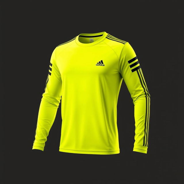 A long-sleeve athletic shirt designed by Adidas, featuring a vibrant and dynamic design in a bold yellow color