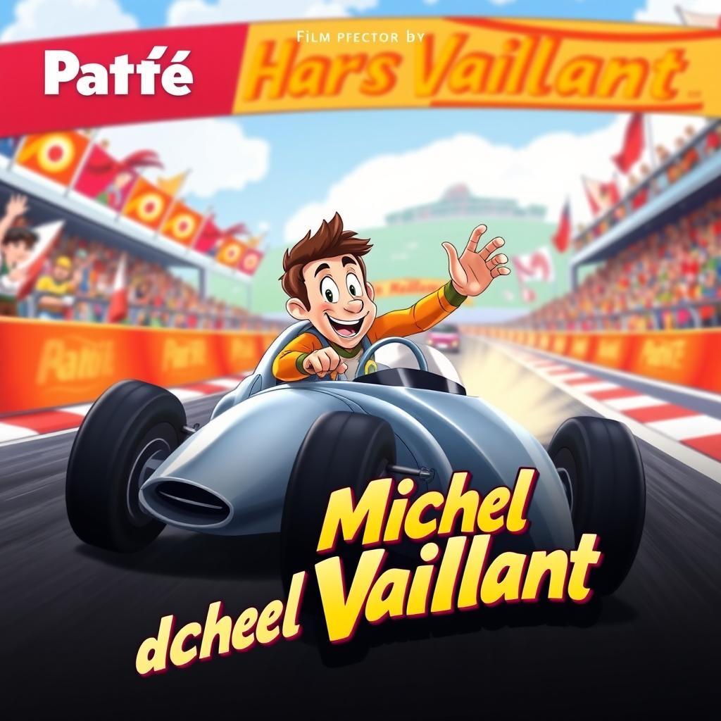 A lively and colorful cartoon poster for a "Michel Vaillant" animated film produced by Pathé