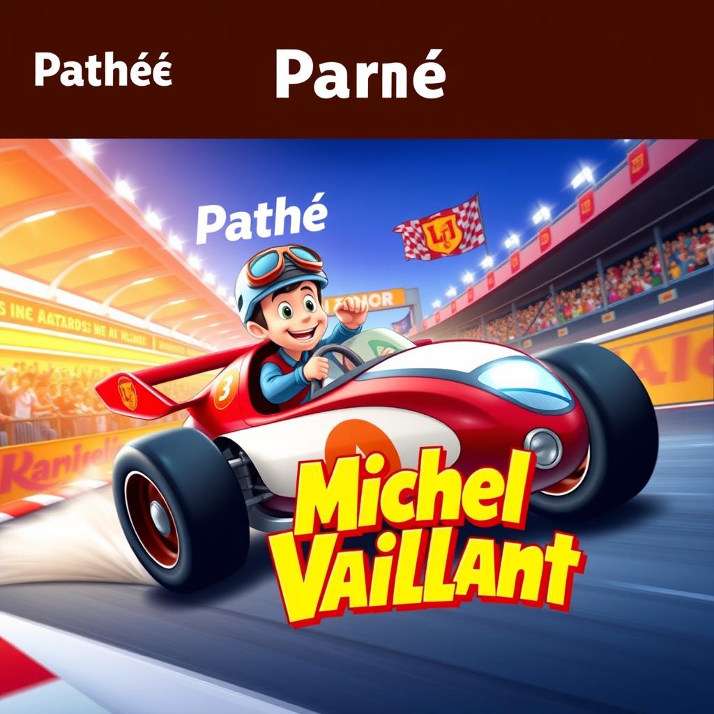 A lively and colorful cartoon poster for a "Michel Vaillant" animated film produced by Pathé