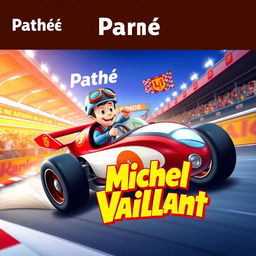 A lively and colorful cartoon poster for a "Michel Vaillant" animated film produced by Pathé