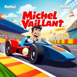 A lively and colorful cartoon poster for a "Michel Vaillant" animated film produced by Pathé