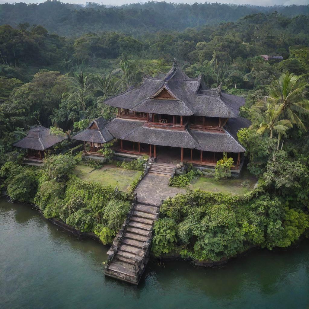 A breathtaking view of Indonesia reimagined as a majestic kingdom, with intricate traditional architecture, lush tropical landscapes, and vibrant culture.