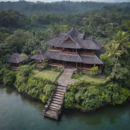 A breathtaking view of Indonesia reimagined as a majestic kingdom, with intricate traditional architecture, lush tropical landscapes, and vibrant culture.