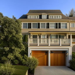 A luxurious three-story house, featuring tasteful design elements, lavish furnishings, and a manicured landscape.