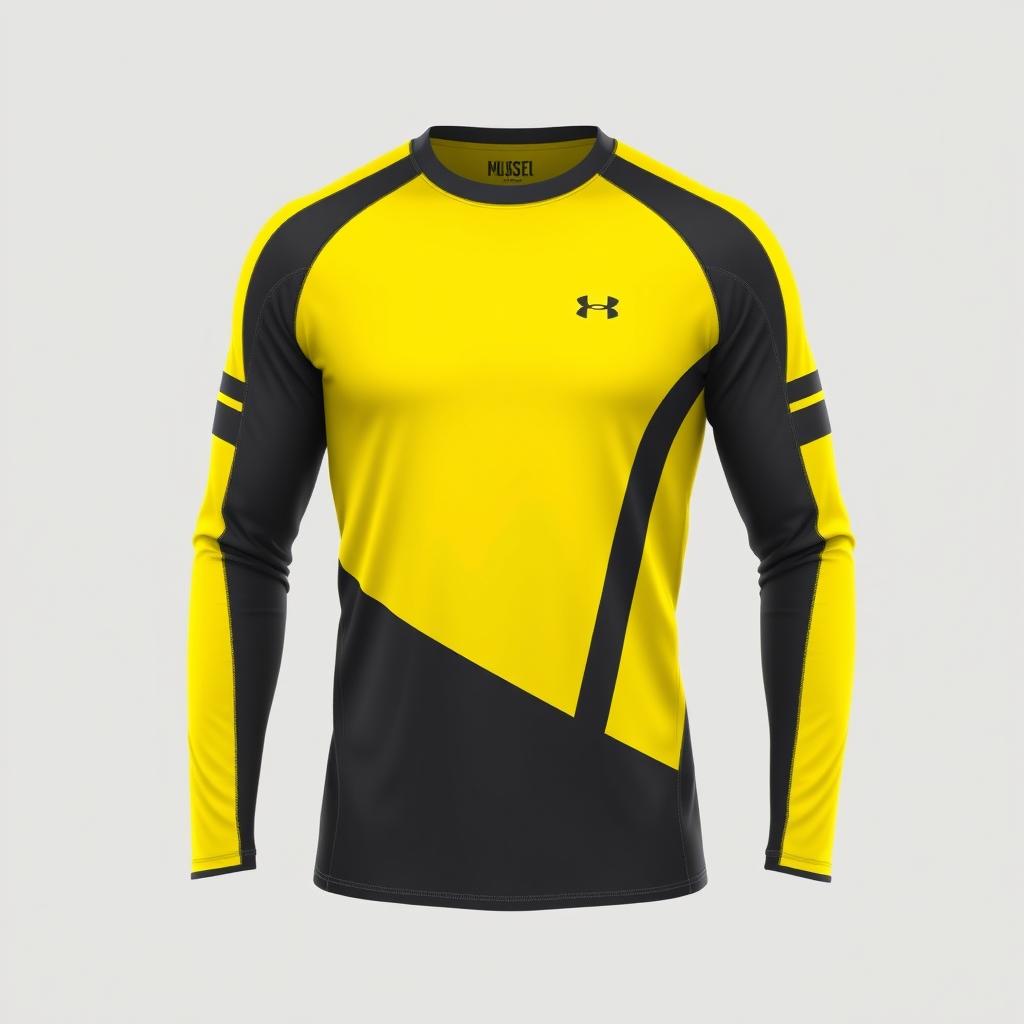 A modern long-sleeve sports t-shirt design featuring a dominant yellow color with stylish variations of dark gray