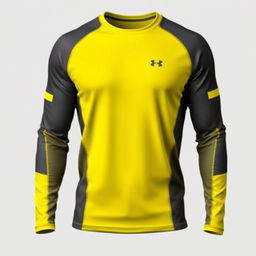 A modern long-sleeve sports t-shirt design featuring a dominant yellow color with stylish variations of dark gray