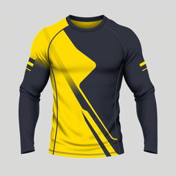 A modern long-sleeve sports t-shirt design featuring a dominant yellow color with stylish variations of dark gray