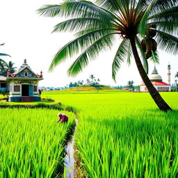 A serene paddy field in Kerala, with lush green rice plants swaying in the breeze