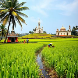 A serene paddy field in Kerala, with lush green rice plants swaying in the breeze