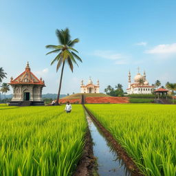 A serene paddy field in Kerala, with lush green rice plants swaying in the breeze