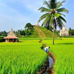 A serene paddy field in Kerala, with lush green rice plants swaying in the breeze