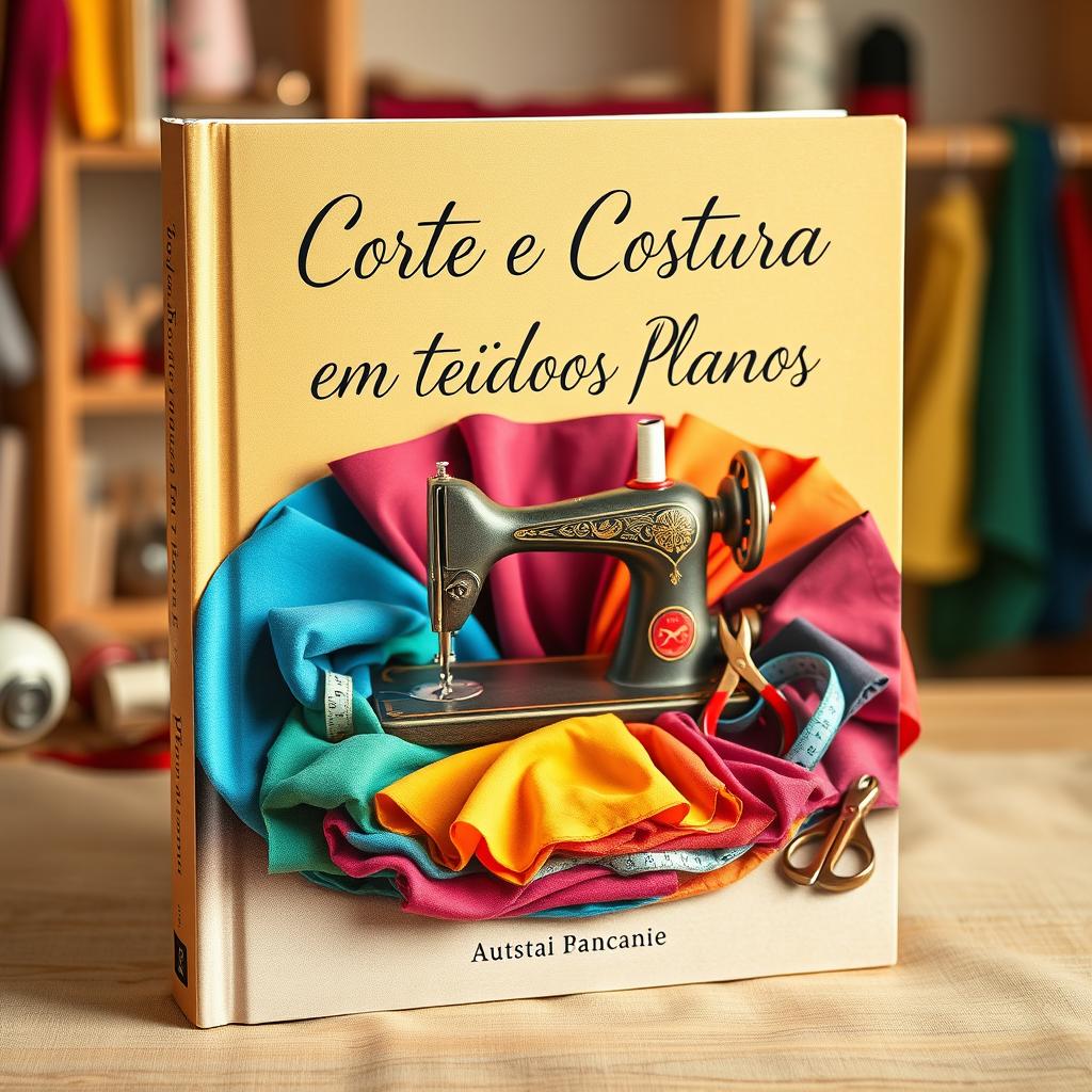 A book cover design featuring the theme of sewing and tailoring with flat fabrics