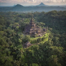 A breathtaking view of Indonesia reimagined as a majestic kingdom, with intricate traditional architecture, lush tropical landscapes, and vibrant culture.