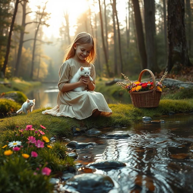 A serene forest scene at dawn featuring a young girl in an old-fashioned long dress, sitting peacefully by a gentle stream