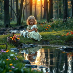 A serene forest scene at dawn featuring a young girl in an old-fashioned long dress, sitting peacefully by a gentle stream