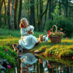 A serene forest scene at dawn featuring a young girl in an old-fashioned long dress, sitting peacefully by a gentle stream