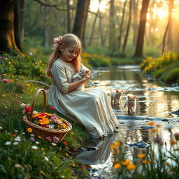 A serene forest scene at dawn featuring a young girl in an old-fashioned long dress, sitting peacefully by a gentle stream