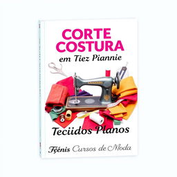 A vibrant book cover design for a sewing and tailoring book focused on flat fabrics, tailored for a fashion school named "Fênis Cursos de Moda"