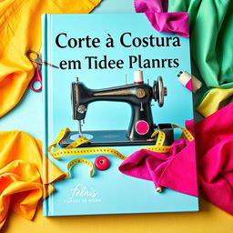 A vibrant book cover design for a sewing and tailoring book focused on flat fabrics, tailored for a fashion school named "Fênis Cursos de Moda"