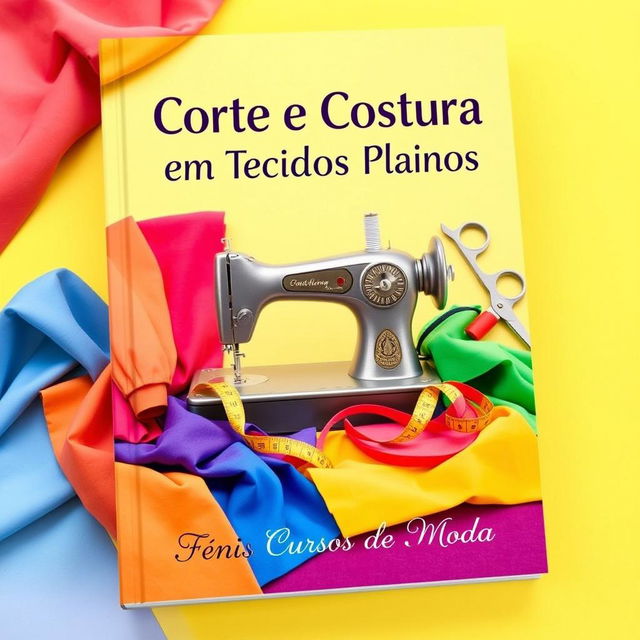 A vibrant book cover design for a sewing and tailoring book focused on flat fabrics, tailored for a fashion school named "Fênis Cursos de Moda"