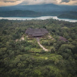 A breathtaking view of Indonesia reimagined as a majestic kingdom, with intricate traditional architecture, lush tropical landscapes, and vibrant culture.