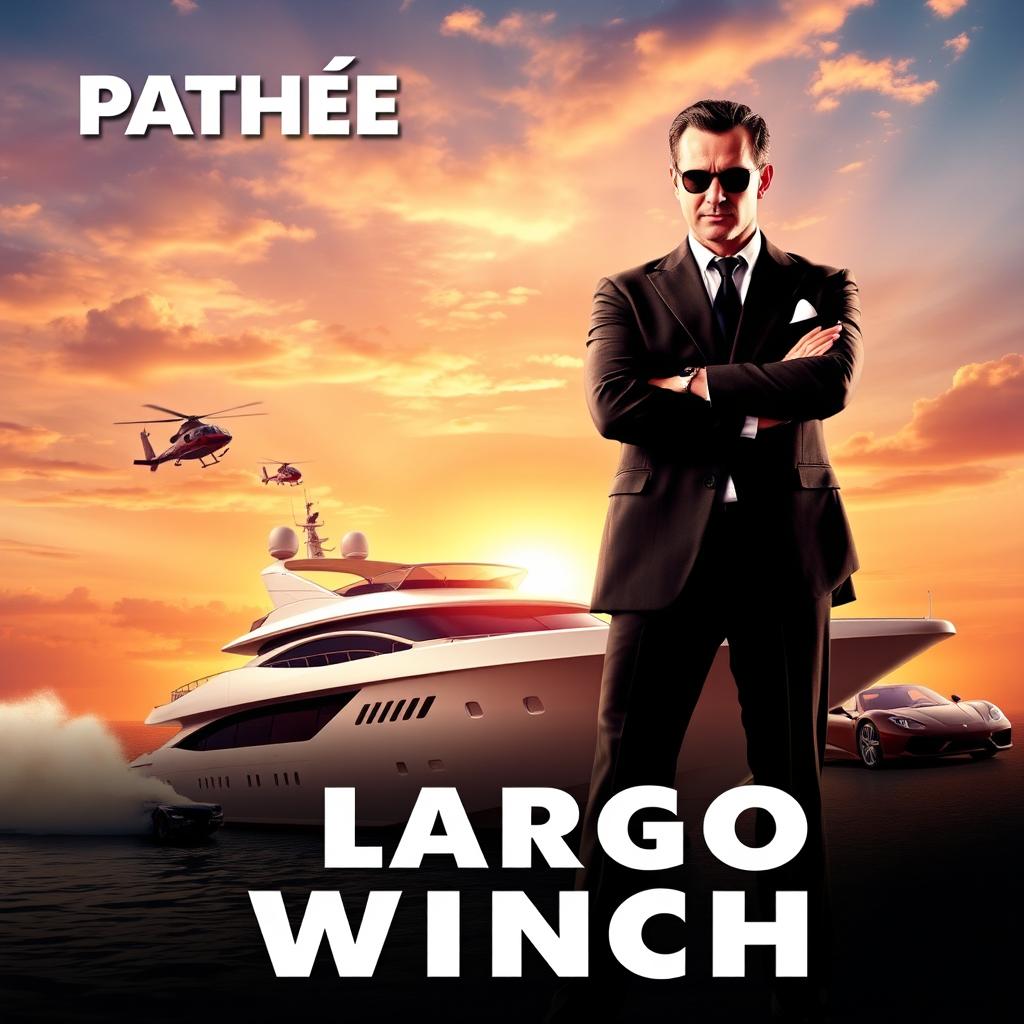 An action-packed film poster for a Pathé production featuring Largo Winch, the suave and adventurous billionaire