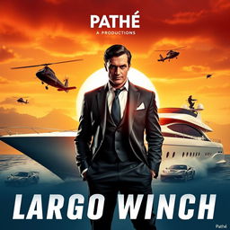 An action-packed film poster for a Pathé production featuring Largo Winch, the suave and adventurous billionaire