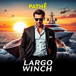 An action-packed film poster for a Pathé production featuring Largo Winch, the suave and adventurous billionaire