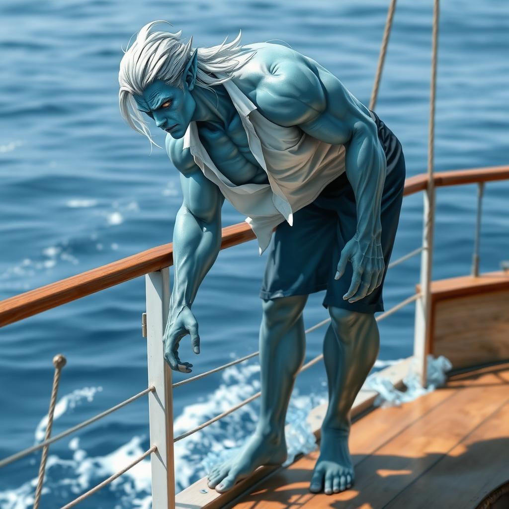 A water elemental being standing on a ship's deck, featuring a muscular, tall figure with blue, transparent skin resembling flowing water