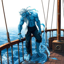 A water elemental being standing on a ship's deck, featuring a muscular, tall figure with blue, transparent skin resembling flowing water