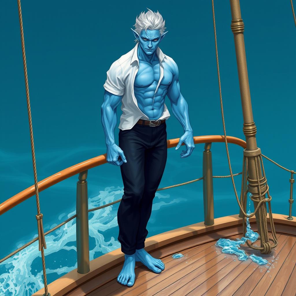 A water elemental being standing on a ship's deck, featuring a muscular, tall figure with blue, transparent skin resembling flowing water