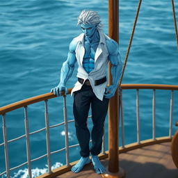 A water elemental being standing on a ship's deck, featuring a muscular, tall figure with blue, transparent skin resembling flowing water