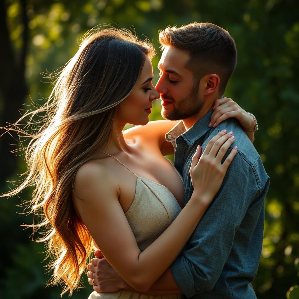 A romantic and intimate scene featuring a couple in a natural setting