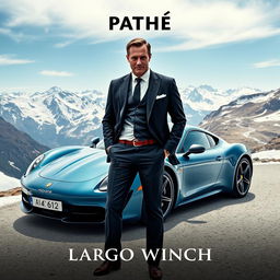 A captivating film poster for a Pathé production featuring Largo Winch alongside an Alpine A110 car