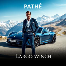 A captivating film poster for a Pathé production featuring Largo Winch alongside an Alpine A110 car