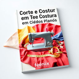 A visually appealing book cover design for a sewing and tailoring book focused on flat fabrics, specifically for a fashion school named "Fênix Cursos de Moda"