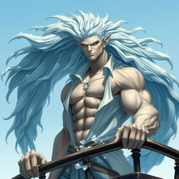 A detailed character portrait of a water elemental being, featuring a muscular, tall figure where both his hair and body are made of flowing water, creating an ethereal and mystical atmosphere